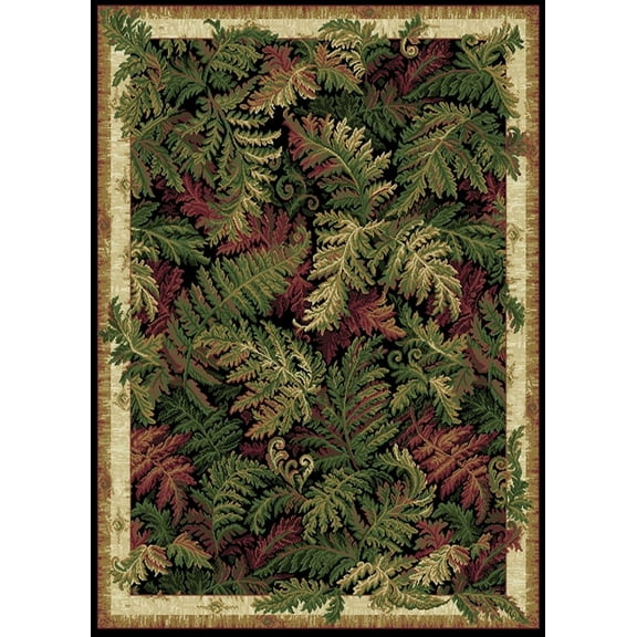 Tropical Black Nature Print Leaves Ferns Area Rug - Actual 5' 2" x 7' 2"