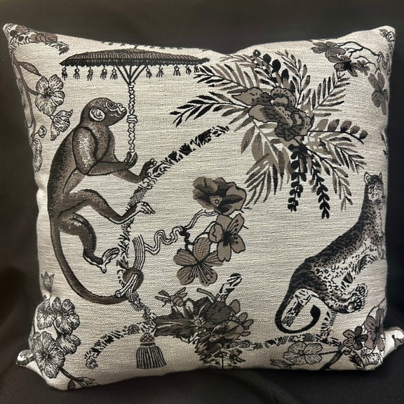 Tropical Black White Monkey Leopard Landscape Woven Decorative Pillow, 17 x 18 in, Double Sided Blown Filled Accent for Armchair