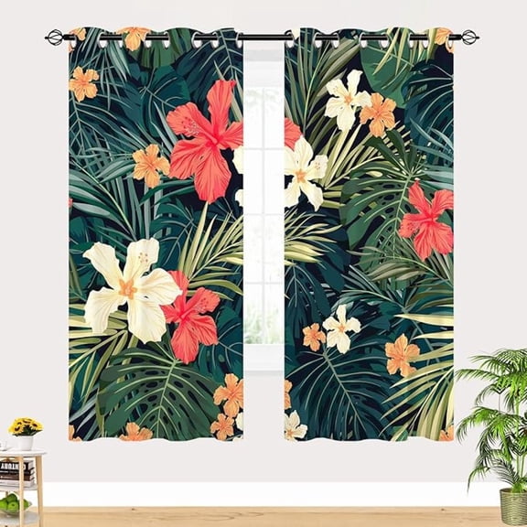 Tropical Blackout Curtains - Girls Palm Tree Flowers Jungle Plant Leaves Print Pattern Grommet Room Darkening Window Drapes For Bedroom Living Room Cafe Closet 26"W x 54"L (Pack of 2)
