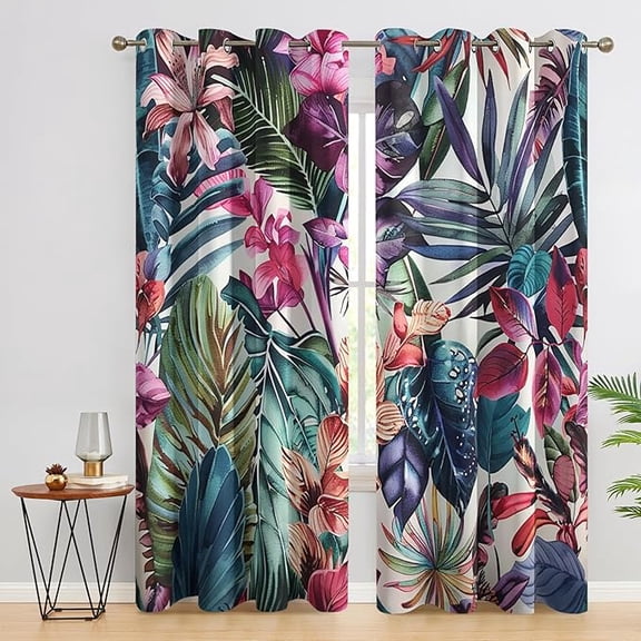 Tropical Blackout Curtains, Hawaii Leaf Floral Botanical Curtains for Home Decor, Bedroom, Living Room, Tropical Room Decor Grommet Window Drapes 53"W x 96"L (Pack of 2)