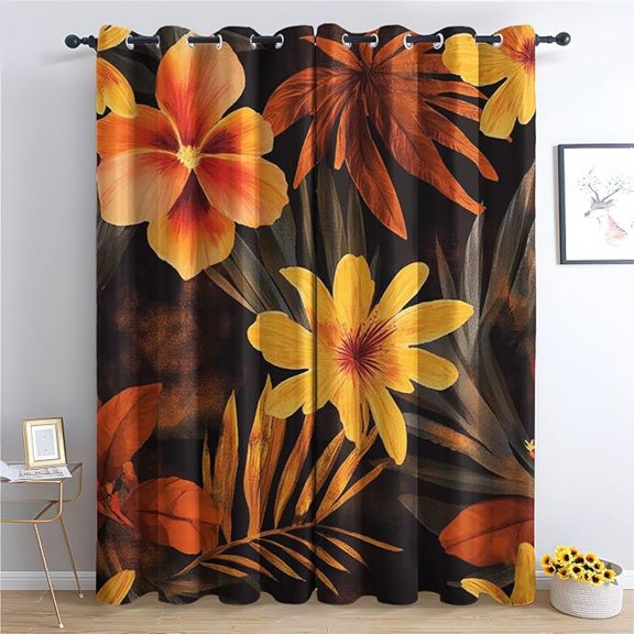 Tropical Blackout Curtains, Orange And Yellow Hibiscus Floral Patterned Curtains For Bedroom, Living Room Decor, Room Darkening Thermal Insulated Grommet Drapes 42"W x 63"L (Pack of 2)