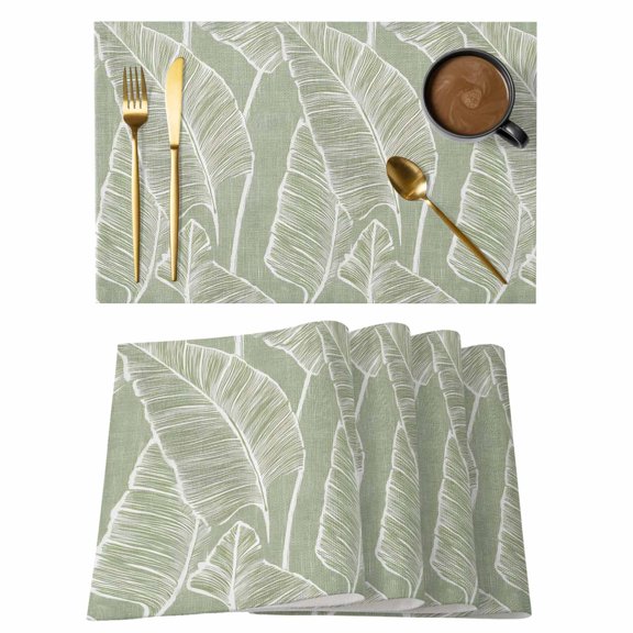 Tropical Bloom Silhouettes Placemats Set of 6, Cotton Linen Fabric Place Mats, Green Palm Leaf Washable Decorative Table Mats Protector for Home Kitchen Dining Wedding Party Coffee Tables