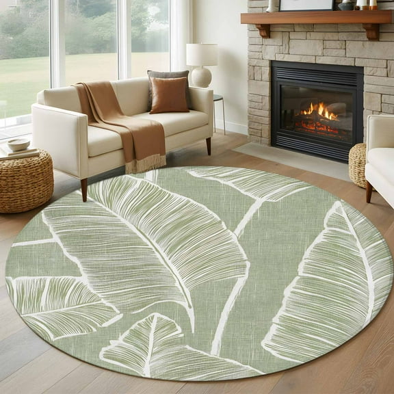 Tropical Bloom Silhouettes Round Area Rug 6 FT, Non Slip Bedroom Area Rug, Green Palm Leaf Washable Soft Circular Carpet Non-Shedding Floor Mat for Kitchen Dining Room Home Office Kids Room