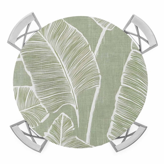 Tropical Bloom Silhouettes Round Tablecloth for 36-44 Inch Tables, Fitted Table Cover with Elastic Edge, Green Palm Leaf Waterproof Outdoor Table Cloth Protector for Patio Garden Dinner Picnic