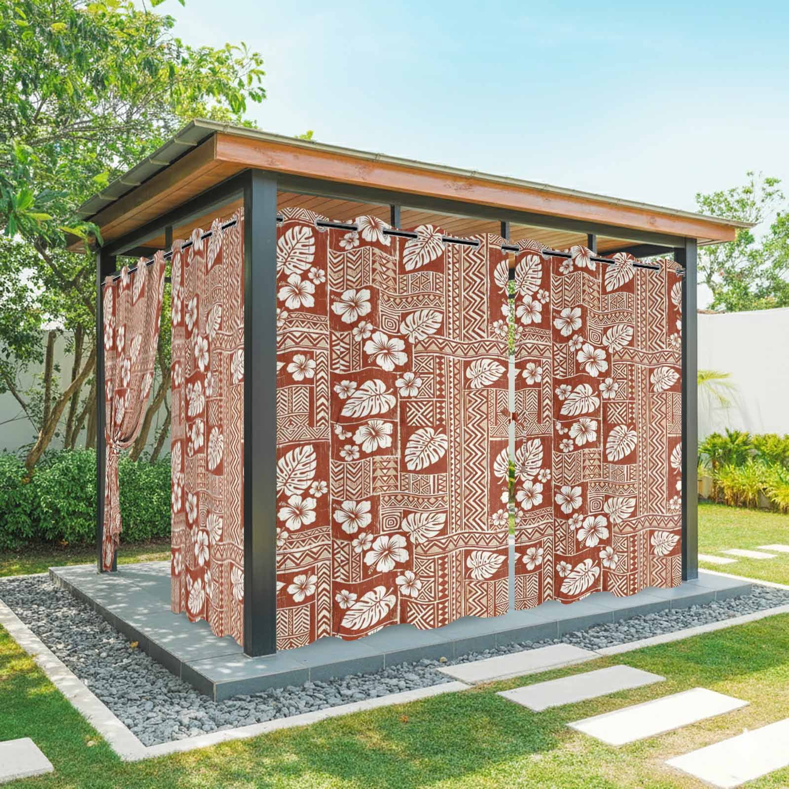 Tropical Blooms Outdoor Curtains for Patio, Summer Vintage Floral Brown Plaid Farmhouse Sunshade Privacy Drapes Grommet Waterproof Outside Curtains for Porch/Cabana/Balcony 54"x 108", 1 Panel