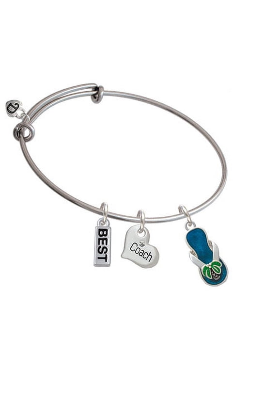 Tropical Blue Flip Flop with Palm Tree Coach Heart Expandable Bangle Bracelet