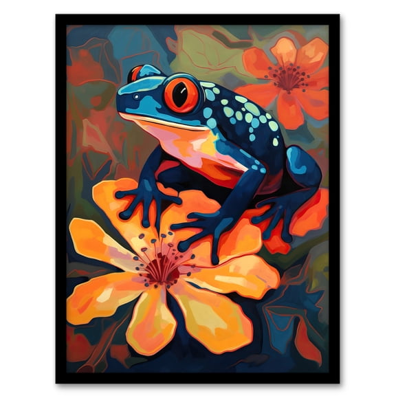Tropical Blue Frog On Orange Flower Striking Oil Painting Amazon Jungle Artwork Framed Wall Art Print A4