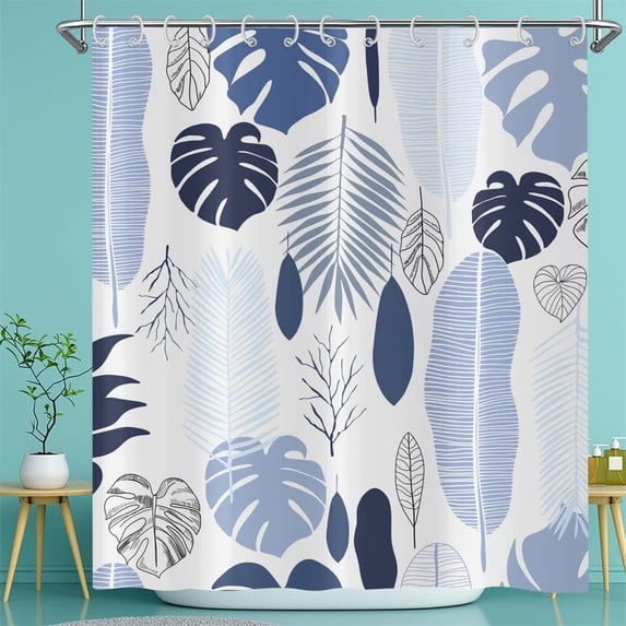Tropical Blue Leaves Shower Curtain - Abstract Palm Leaf Botanical Pattern, Waterproof Fabric with Hooks, 72Wx72H, Perfect for Home Decor, Adds a Fresh and Vibrant Touch to Any Bathroom