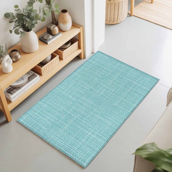 Tropical Blue Solid 2'x3' Rug for Entryway Front Door Kitchen Sink Area, Minimalist Cloth Mint Blue Linen Texture Rustic Low Pile Washable Non Slip Rectangle Area Rug for Living Room