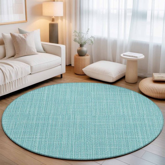 Tropical Blue Solid 7' Round Rug for Living Room Conversation Area, Minimalist Cloth Mint Blue Linen Texture Rustic Washable Non Slip Large Circle Area Rug