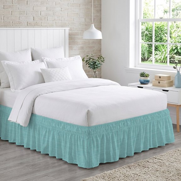 Tropical Blue Solid Bed Skirt Queen Size 16 Inch Drop, Minimalist Cloth Mint Blue Linen Texture Rustic Adjustable Elastic Dust Ruffles Bedskirt for Queen Bed Wrap Around Pleated Mattress Frame Cover