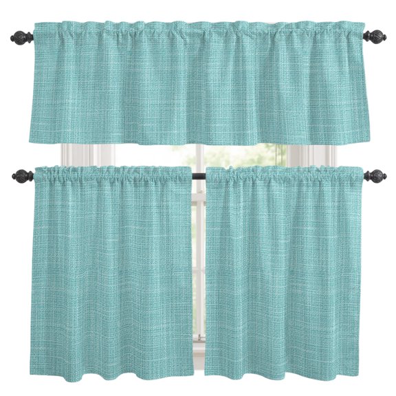 Tropical Blue Solid Kitchen Curtains Valances 3 Piece Set, Minimalist Cloth Mint Blue Linen Texture Rustic Rod Pocket Tier Curtain and Valance Drapes for Small Window 24 Inch Length for Bedroom Cafe