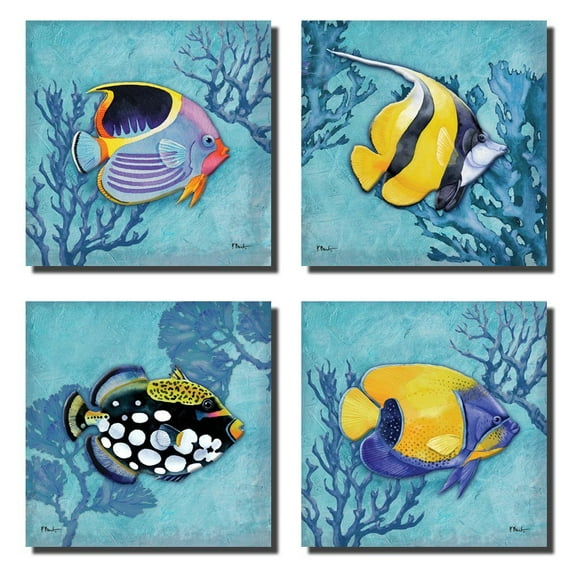 Tropical Blue and Yellow Fish Adult Coastal Decor; 4 - 8" x 8" Unframed Posters