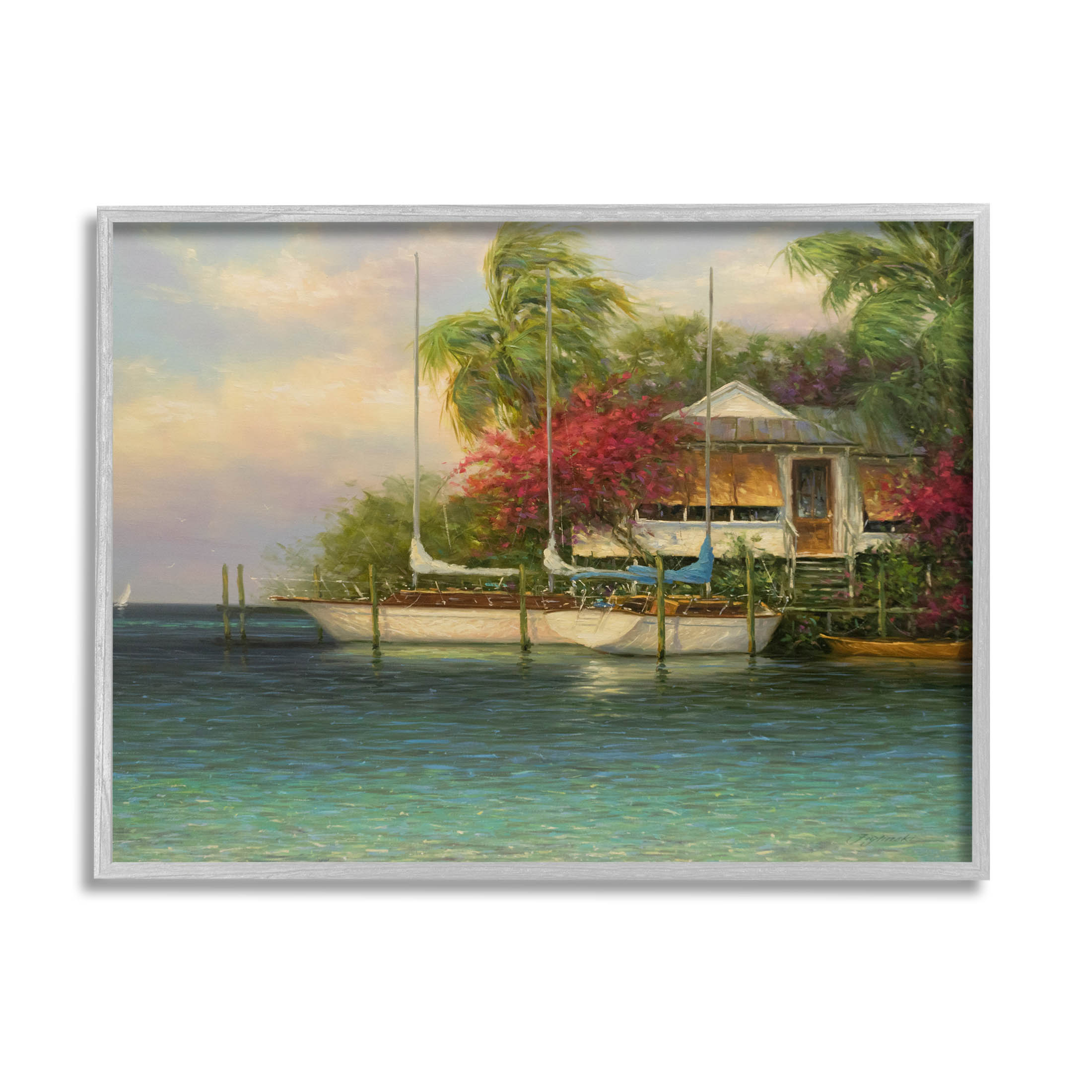 Tropical Boats Waterfront Scenery Landscape Painting Gray Framed Art Print Wall Art
