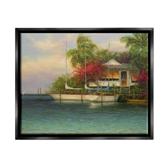 Tropical Boats Waterfront Scenery Landscape Painting Jet Black Framed Art Print Wall Art