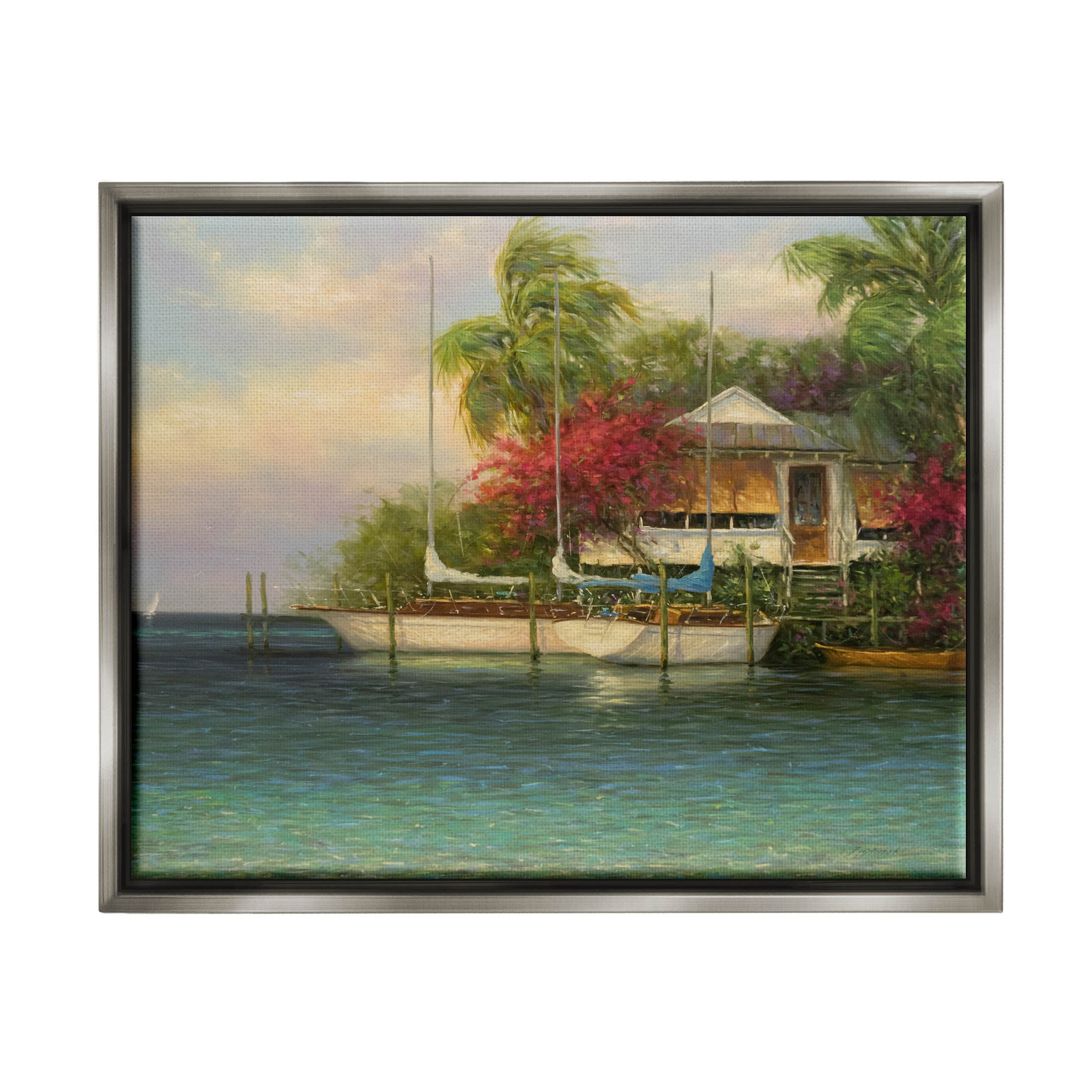 Tropical Boats Waterfront Scenery Landscape Painting Luster Gray Framed Art Print Wall Art