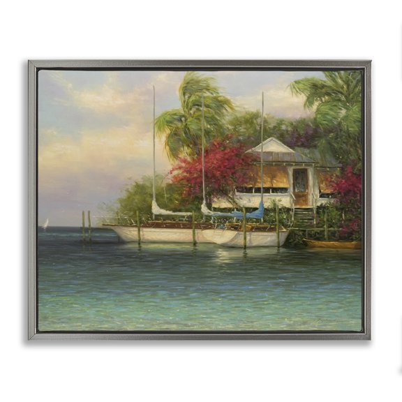Stupell Industries Coastal Tropical Boats Waterfront Scenery Gray Floating Frame Canvas Art, 31 x 25, by Martin Figlinski