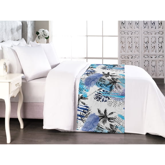 Tropical Boho Bed Runner, Abstract Design Brush Strokes Pattern with Palm Silhouettes Art, Decorative Accent Bedding Scarf for Hotels Homes & Guest Rooms, Queen, Deep Sky Blue Ceil Blue, by Ambesonne