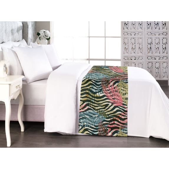 Tropical Boho Bed Runner, Hawaii Summer Vibes Palm Tree Leaves on Zebra Striped Back, Decorative Accent Bedding Scarf for Hotels Homes & Guest Rooms, Queen, Hot Pink and Pistachio Green, by Ambesonne