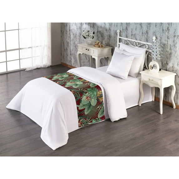 Tropical Boho Bed Runner, Wild Nature Inspired Exotic Palm Tree Leaves With Flowers Vintage Art, Decorative Accent Bedding Scarf for Hotels Homes & Guest Rooms, Twin, Maroon Fern Green, by Ambesonne