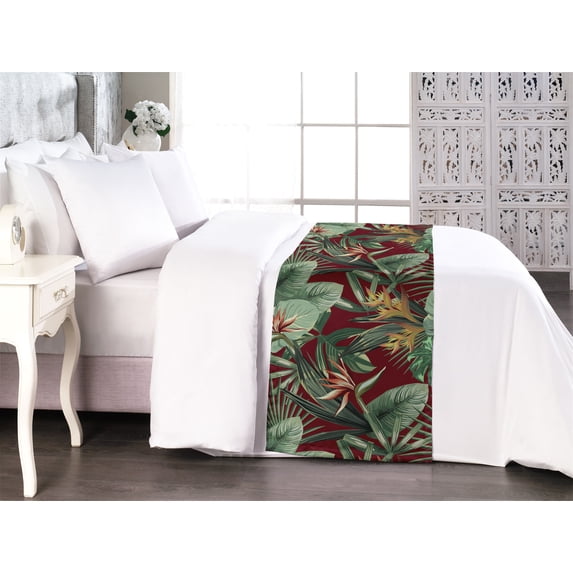 Tropical Boho Bed Runner, Wild Nature Inspired Exotic Palm Tree Leaves With Flowers Vintage Art, Decorative Accent Bedding Scarf for Hotels Homes & Guest Rooms, King, Maroon Fern Green, by Ambesonne