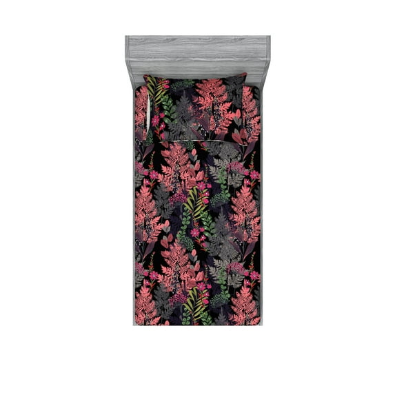 Tropical Boho Fitted Sheet & Pillow Sham Set, Dreamy Jungle Vibes Leaves Greenery Pattern on Dark Back, Decorative Printed 2 Piece Bedding Decor, Twinxl, Pastel Pink and Charcoal Grey, by Ambesonne