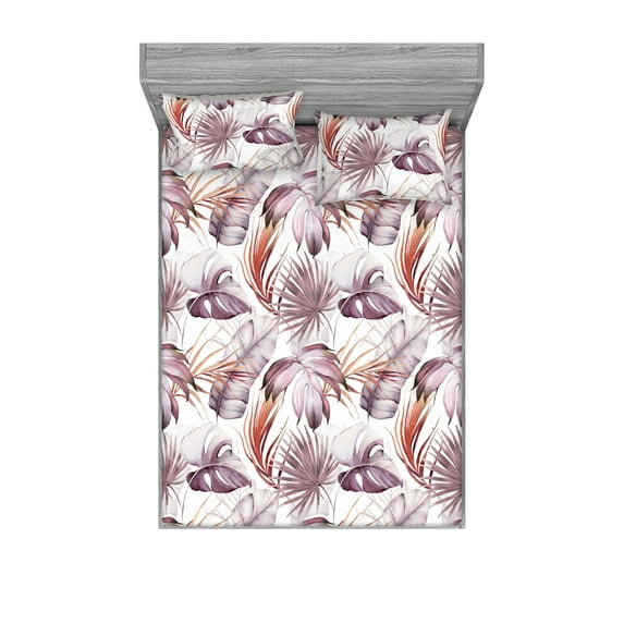 Tropical Boho Fitted Sheet & Pillow Sham Set, Modern Design of Exotic Leaves Pattern on Plain Background Print, Decorative Printed 3 Piece Bedding Decor, Queen, Mauve Taupe Ruby White, by Ambesonne