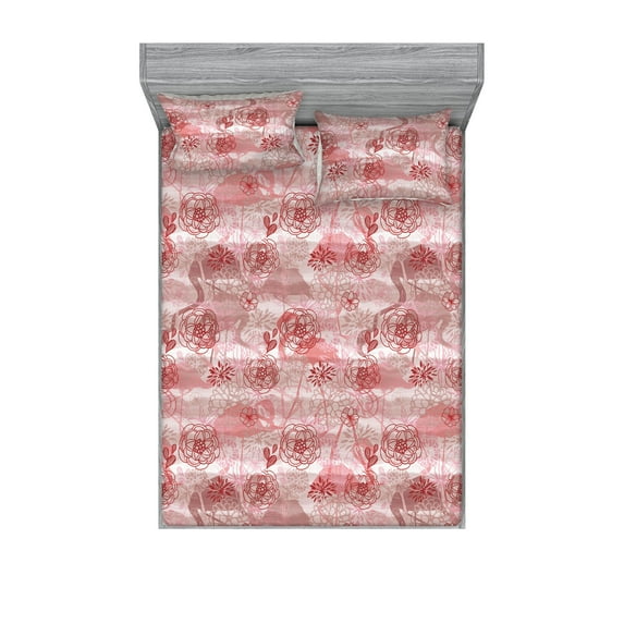 Tropical Boho Fitted Sheet & Pillow Sham Set, Stripe Drawn Exotic Jungle Flowers Hearts with Flamingo Pattern, Decorative Printed 3 Piece Bedding Decor, Full, Ruby Pale Ruby Off White, by Ambesonne
