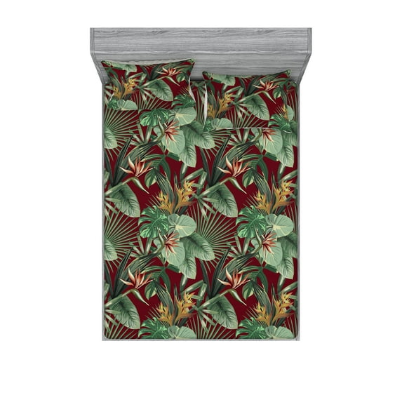Tropical Boho Fitted Sheet & Pillow Sham Set, Wild Nature Inspired Exotic Palm Tree Leaves With Flowers Vintage Art, Decorative Printed 3 Piece Bedding Decor, Full, Maroon Fern Green, by Ambesonne