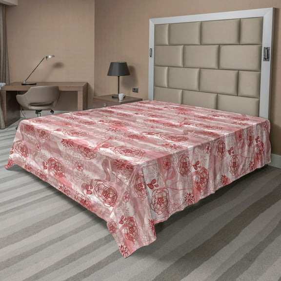 Ambesonne Tropical Boho Flat Bedding Sheet Soft Top Sheet, Flamingo Floral Print, Full, Ruby Pale Ruby Off White