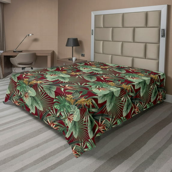Ambesonne Tropical Boho Flat Bedding Sheet Soft Top Sheet, Nature Themed Palms, California King, Maroon Fern Green