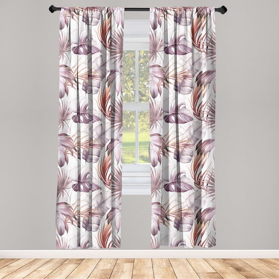 Tropical Boho Window Curtains, Modern Design of Exotic Leaves Pattern on Plain Background Print, Lightweight Decor 2-Panel Set with Rod Pocket, Pair of - 28"x84", Mauve Taupe Ruby White, by Ambesonne