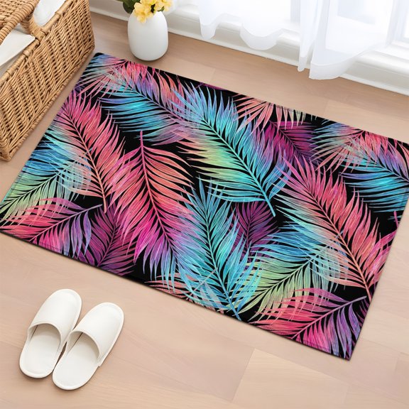 Tropical Botanical 2'x3' Rug for Entryway Front Door Kitchen Sink Area, Gradient Fantasy Palm Leaf Fern Leaf Low Pile Washable Non Slip Rectangle Area Rug