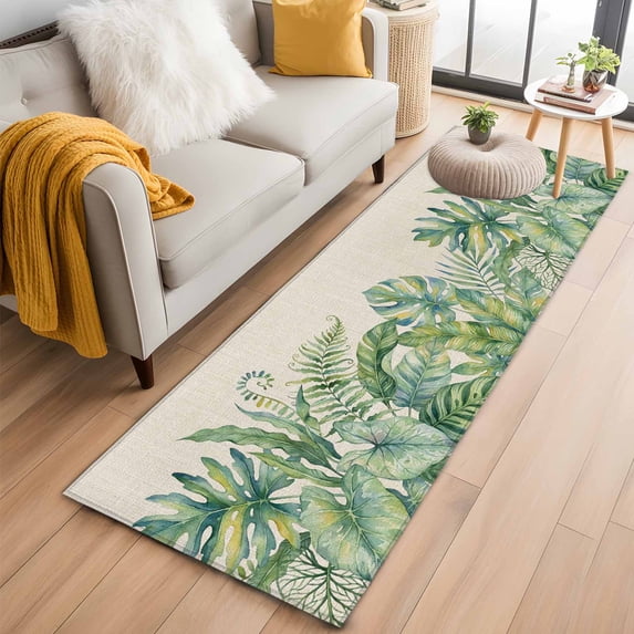 Tropical Botanical 2'x6' Runner Rugs for Hallway Kitchen Bedside Non Slip, Watercolor Green Monstera Palm Leaves Beige Entryway Rug Runners with Rubber Backing, Long Carpet Runner for Laundry Room