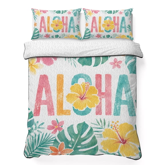 Tropical Botanical 3 Piece Quilt Bedding Set with 2 Pillow Shams, Summer ALOHA Text Hibiscus Flower Green Leaf Lightweight Bedspread Coverlet, Soft Breathable All Season Quilt, 96 x 106 Inch