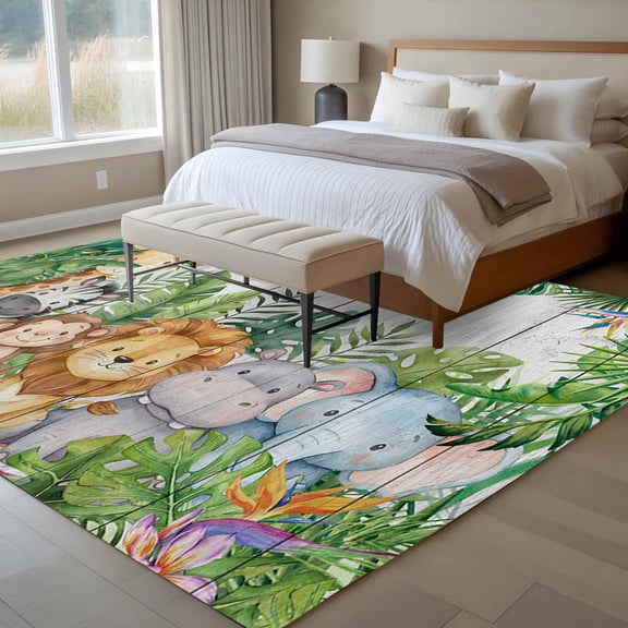Tropical Botanical 6x9 Rug for Dining Room Table and Chair Setup, Cute Zebra Lion Monkey Cartoon Elephant Wood Grain Low Pile Washable Non Slip Rectangle Area Rug