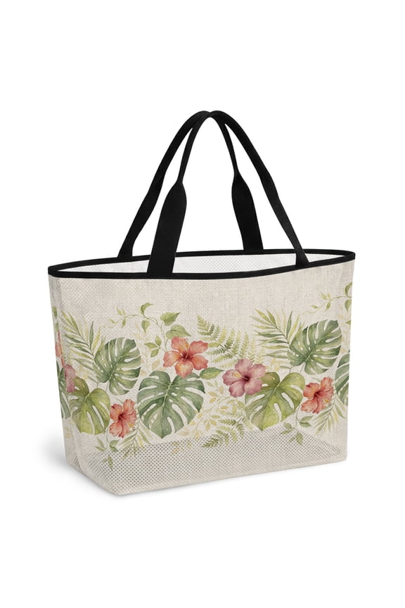 Tropical Botanical Beach Bag for Women, Large Breathable Mesh Beach Tote Bag, Pastoral Rustic Leaves Floral Burlap Sandproof Lightweight Travel Bags for Vacation Picnic Swimming Pool 15.7"x15.7"x9.1"