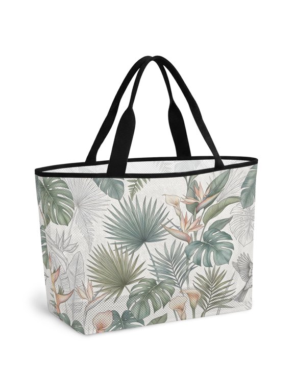 Tropical Botanical Beach Bag for Women, Large Breathable Mesh Beach Tote Bag, Summer Monstera Plam Leaves Birds Green Sandproof Lightweight Travel Bags for Vacation Picnic Swimming Pool