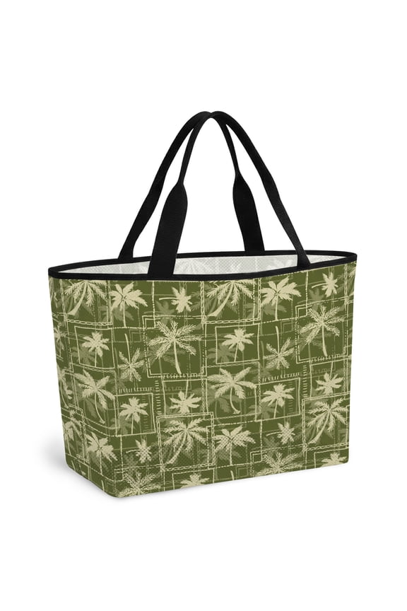 Tropical Botanical Beach Bag for Women, Large Breathable Mesh Beach Tote Bag, Summer Palm Trees Leaves Grid Sage Green Sandproof Lightweight Travel Bags for Vacation Picnic Swimming Pool
