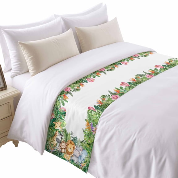 Tropical Botanical Bed Runner for Twin Size Bed, Cute Zebra Lion Monkey Cartoon Elephant Hippo Soft Bedding Scarf Bedding Protector Slipcover Sofa Throw for Bedroom Hotel Guesthouse