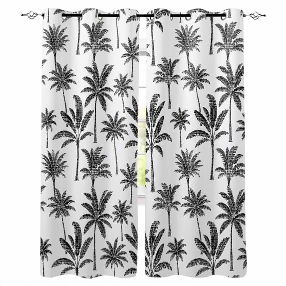 Tropical Botanical Blackout Curtains Light Blocking Print Window Curtains, Summer Palm Trees Black Thermal Insulated Window Drapes for Living Room Kitchen Cafe (2 Panels, 84"W x 63"L)