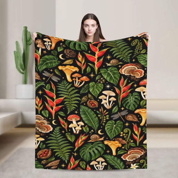 Tropical Botanical Blanket Mushroom Fern Floral Flannel Throw Blanket Nature Lover Gift 50x40 in