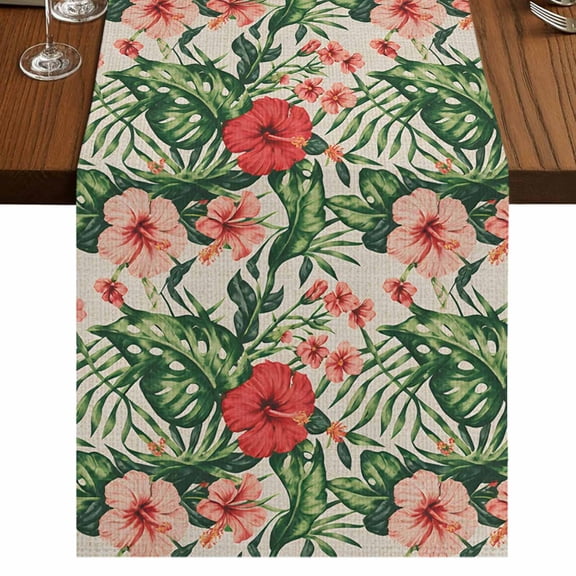 Tropical Botanical Burlap Cotton Table Runner 13x70 Inches Long, Summer Red Pink Floral Botanical Farmhouse Table Runners, Outdoor Dining Tablecloths Decor for Baby Shower/Party/Wedding