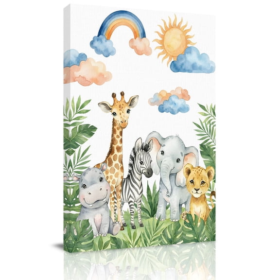 Tropical Botanical Canvas Wall Art for Living Room, Cute Zebra Leopard Giraffe Cartoon Elephant Hippo Poster Print Painting for Bedroom Office Home Decoration Wall Pictures Prepare To Hang 16"x16"
