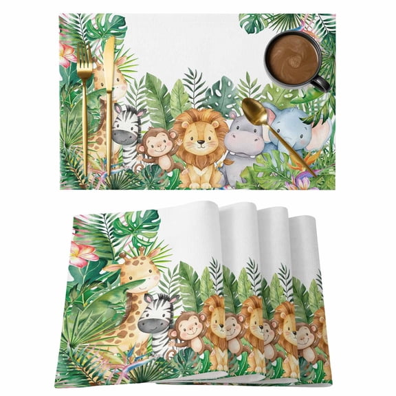 Tropical Botanical Cotton Linen Placemats Set of 1, Cute Zebra Lion Monkey Cartoon Elephant Hippo Washable Table Place Mats Heat Insulating Placemat for Dining Room Kitchen Daily Use 13 x 19 Inch