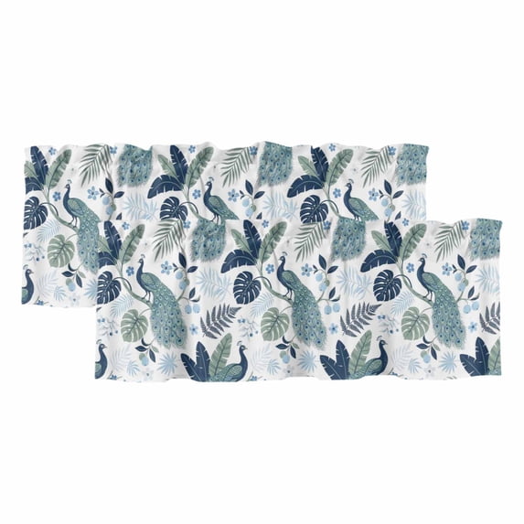 Tropical Botanical Curtain Valances for Windows, Kitchen Valance Window Treatments Panel 2 Pack, Summer Palm Leaves Peacock Blue Green Rod Pocket Short Curtains for Bathroom Bedroom 54 x 18 Inch