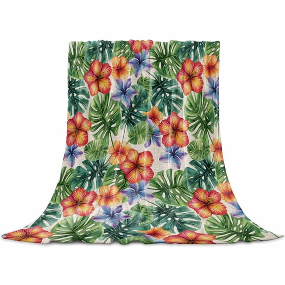 Tropical Botanical Flannel Blanket for Bed, Summer Leaves Flowers Burlap Soft Cozy Warm Couch Throw Blanket, Lightweight Fluffy Plush Bedding Blankets for Sofa Decor All Season 50"x60"