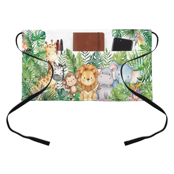 Tropical Botanical Half Waist Apron Cute Zebra Lion Monkey Cartoon Elephant Hippo Short Waiter Aprons with 3 Pockets for Women Men Kitchen Restaurant Cooking