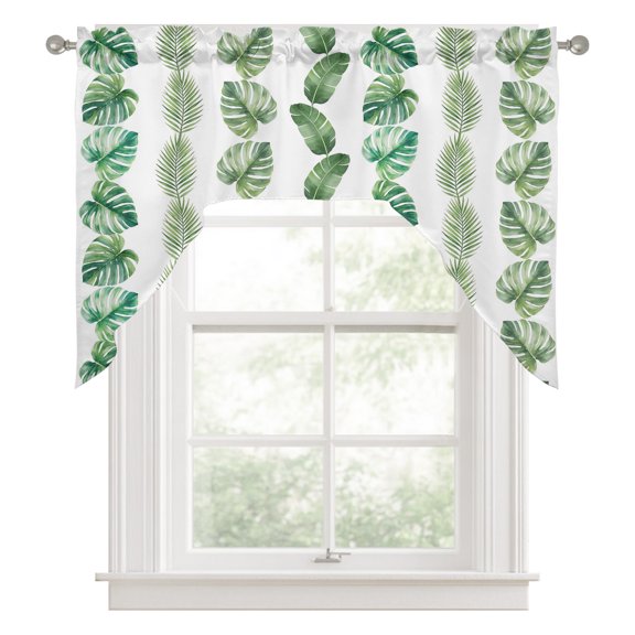 Tropical Botanical Kitchen Curtains Swag Valance for Windows/Bathroom/Cafe, Sunmmer Palm Monstera Leaves Boho Green Rod Pocket Drape Panel Swag Curtains Valance for Bedroom/Living Room 56"x36"