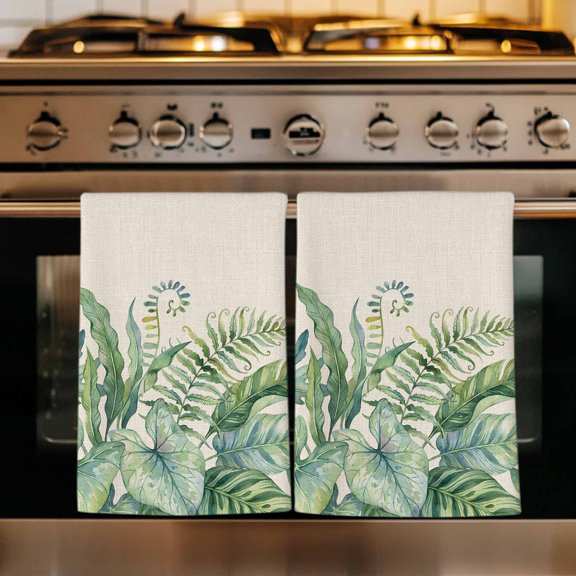 Tropical Botanical Kitchen Towels Set of 2, Watercolor Green Monstera Palm Leaves Beige Absorbent Dish Towels for Kitchen, Microfiber Hand Towel, Quick Drying Tea Towel for Cleaning Dishcloths